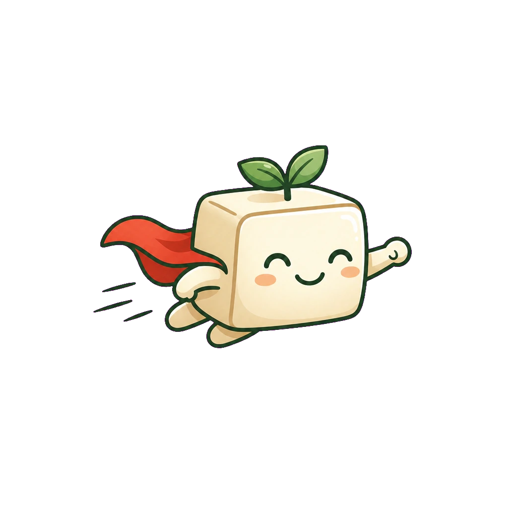 Toffu mascot flying across the sky